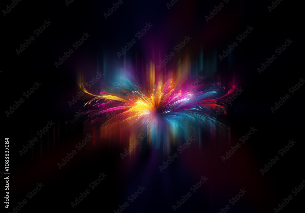 Poster Abstract art with a colorful, exploding, brush stroke-like design with a dark background.