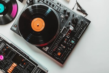 Two turntables and a mixer on a white surface.