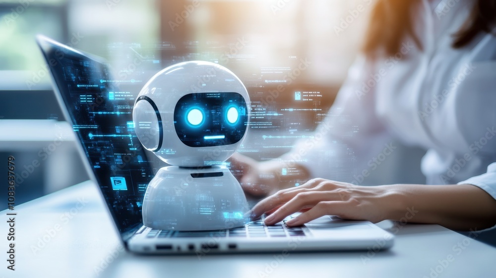 Aufkleber cute humanoid robot interacting with a laptop, showcasing advanced technology in artificial intellig