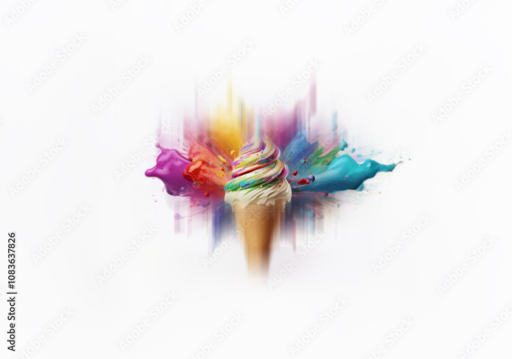 Poster A colorful ice cream cone explodes with paint,  creating a vivid and whimsical scene.
