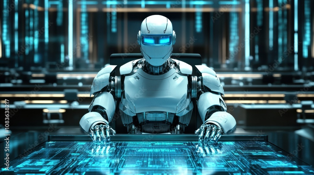 Poster futuristic humanoid robot interacting with a digital interface in a high-tech environment, showcasin
