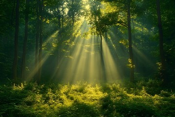 Obraz premium a lush green forest with dappled sunlight filtering through the trees. dense forest, sunlight through trees, green woodland, forest landscape, tree canopy, forest environment