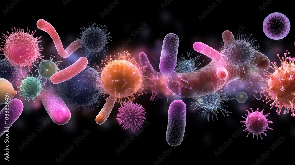 Poster magnified microscopic view of bacterial colony, exploring cellular structures and biological process