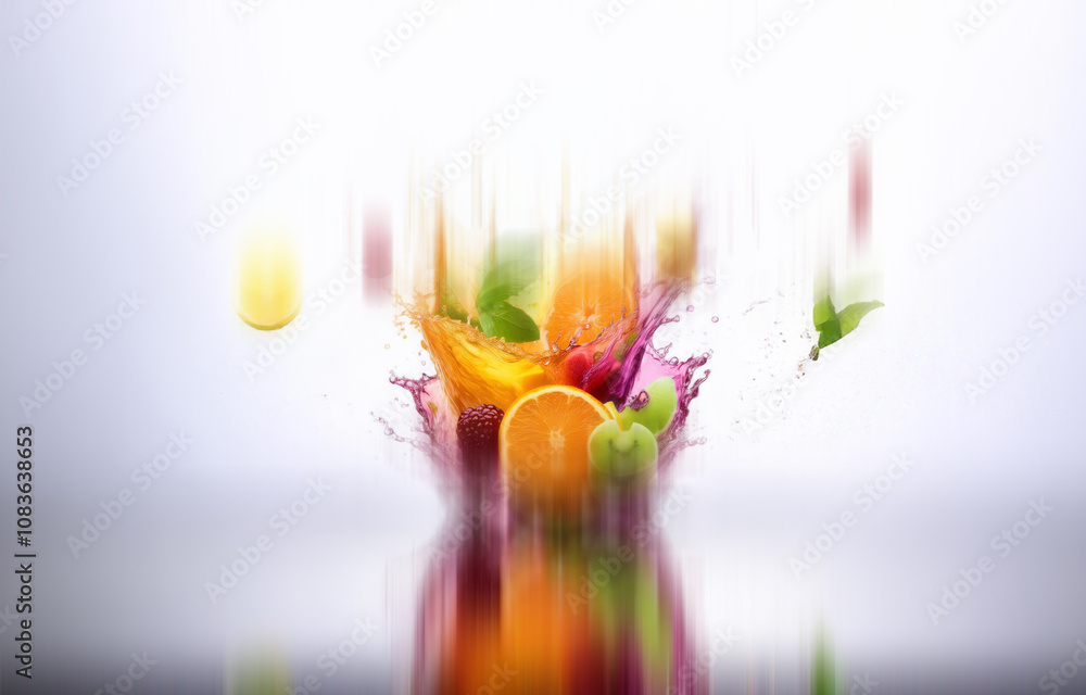 Poster Fruit slices and raspberries splash into water creating a colorful burst isolated against a white background.