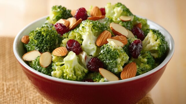 Fresh and Colorful Broccoli Salad with Almonds and Dried Cranberries Served in a Red Bowl on a Wooden Table Perfect for Healthy Diets and Gatherings