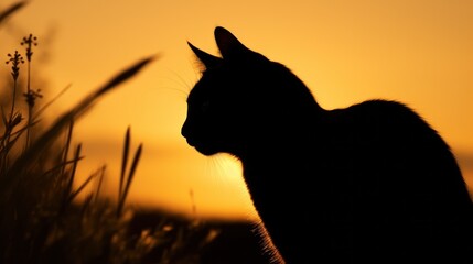 Naklejka premium Silhouette of cat on sunset sky.