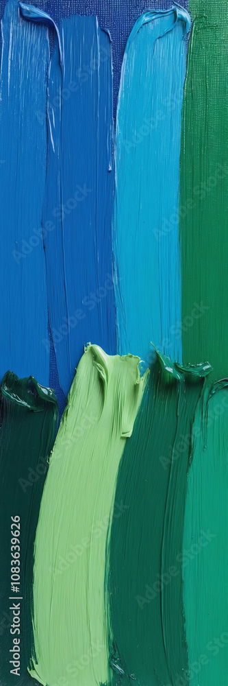 Poster blue and green paintbrush strokes on canvas creating a textured abstract pattern