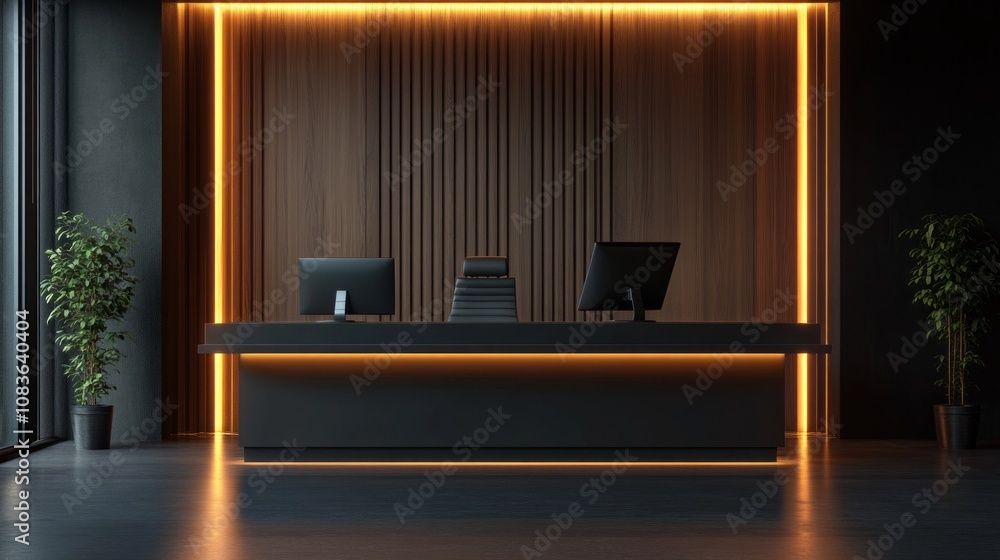 Poster a black desk with a computer and two chairs