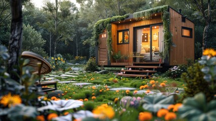  Cozy eco-friendly tiny house nestled in a vibrant garden.