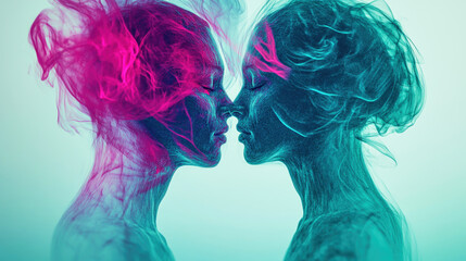 Symmetrical digital art of a man and woman in teal and magenta with double exposure
