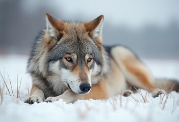 Obraz premium A close-up of a gray wolf's face with orange fur, resting on the ground in a grassy environment