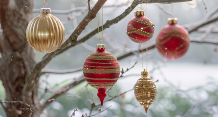 Obraz premium Christmas Ornaments on a Snowy Tree Branch