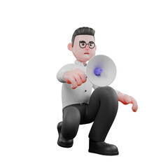 Fototapeta premium 3D Film Producer Model. a male producer sits crouching with his right hand holding a loudspeaker. Cartoon Movie Style