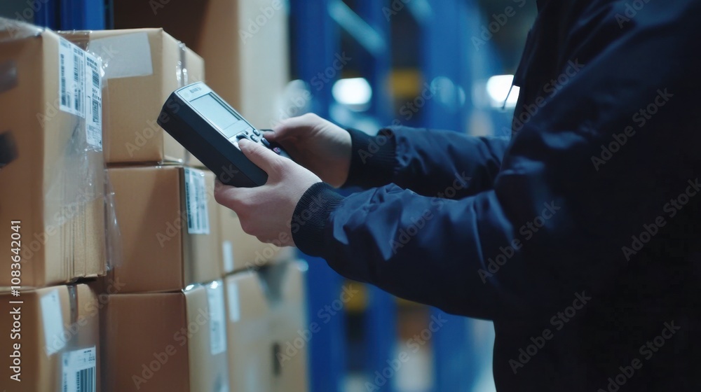 Poster worker using handheld scanner for inventory picking in fulfillment