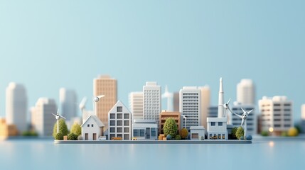 Fototapeta premium A miniature cityscape featuring various buildings, showcasing a blend of modern and traditional architecture against a tranquil blue background.