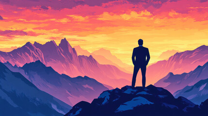 Fototapeta premium A confident man in a suit gazes at a vibrant sunset over towering mountains from a high plateau