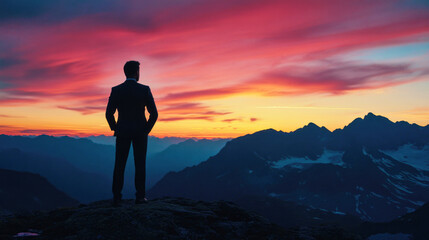 Confident man in a formal suit gazes at a vibrant sunset over towering mountains from a high plateau