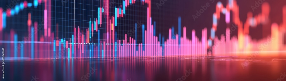 Poster a vibrant graphic representation of financial data, showcasing colorful bar graphs and line trends o
