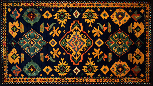 Vibrant Geometric Patterns of a Baluchi Rug with Rich Colors and Intricate Details, Captured from a Top-Down Perspective