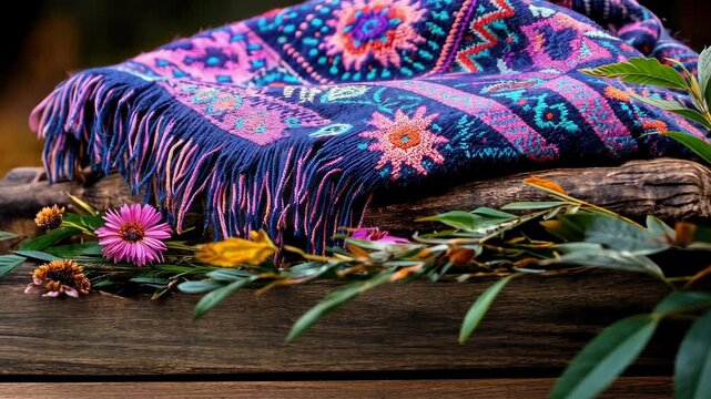 Close-up of colorful traditional peruvian poncho displaying intricate patterns and textures