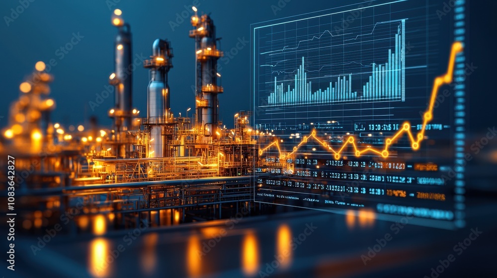 Poster a futuristic industrial scene featuring illuminated structures and a digital graph displaying growth