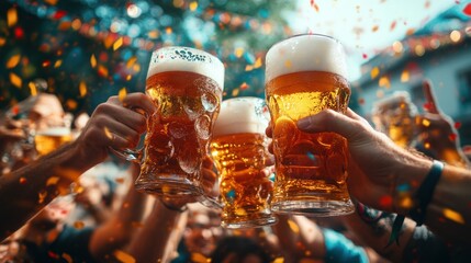 A lively crowd cheering on participants in a beer drinking contest large beer steins being quickly consumed by contestants outdoor event with festive decorations