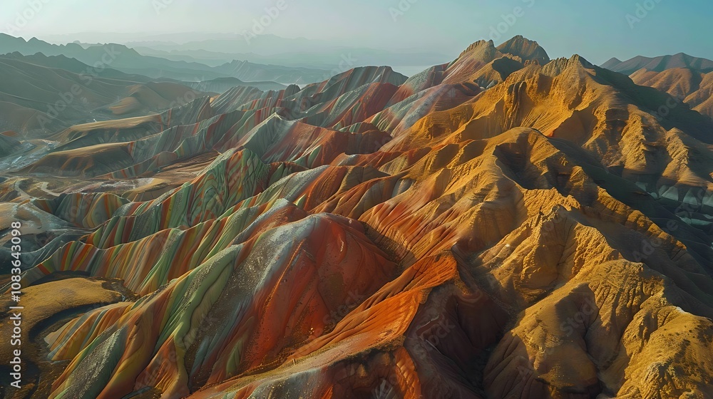 Canvas Prints Aerial view of colorful mountain ranges showcasing vibrant geological formations and natural beauty.