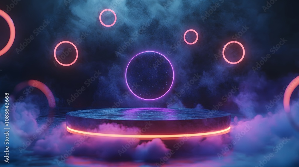 Poster futuristic neon circles digital realm 3d artwork ethereal atmosphere low angle abstract concept