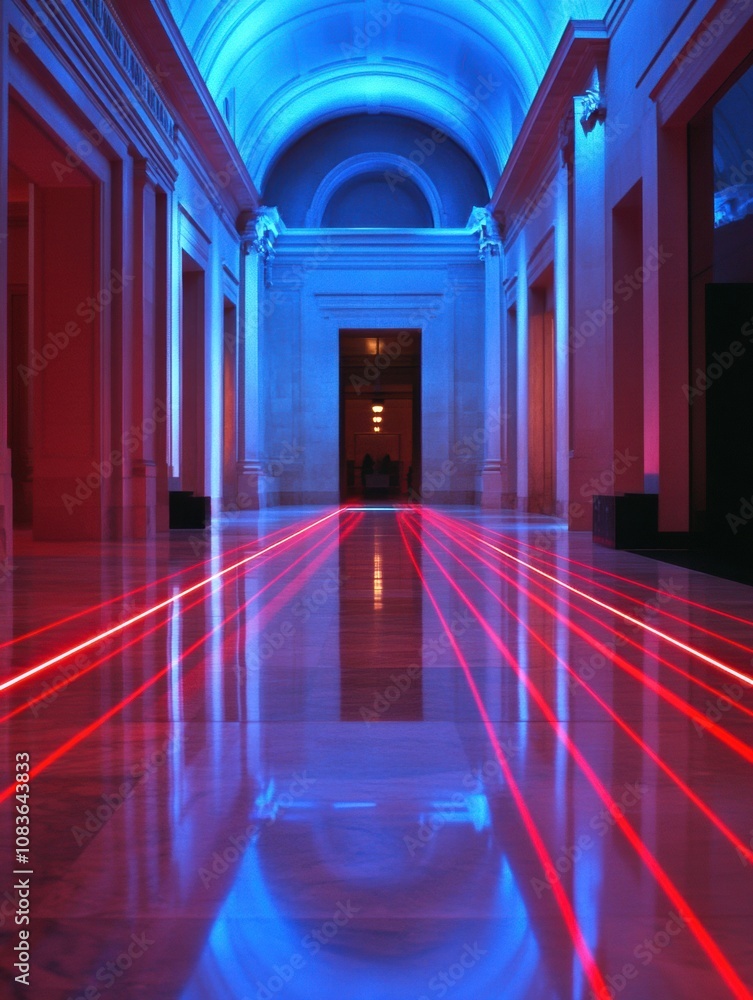 Fototapete bright red laser beams cross a polished corridor in a contemporary museum, creating a striking visua