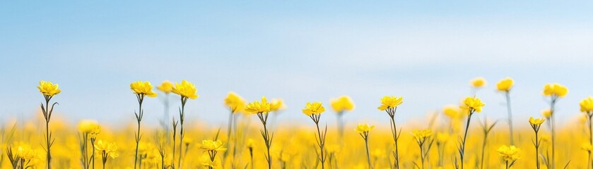Fototapeta premium A vibrant field of yellow flowers stretches under a clear blue sky, creating a bright and cheerful landscape scene.