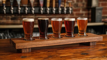 Craft beer flight with four unique brews in different shades amber and dark ales wooden serving board bar setting with taps in the background