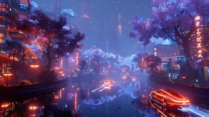Obraz premium Futuristic city nightscape with neon lights, flying vehicles, and cherry blossoms reflecting in water.