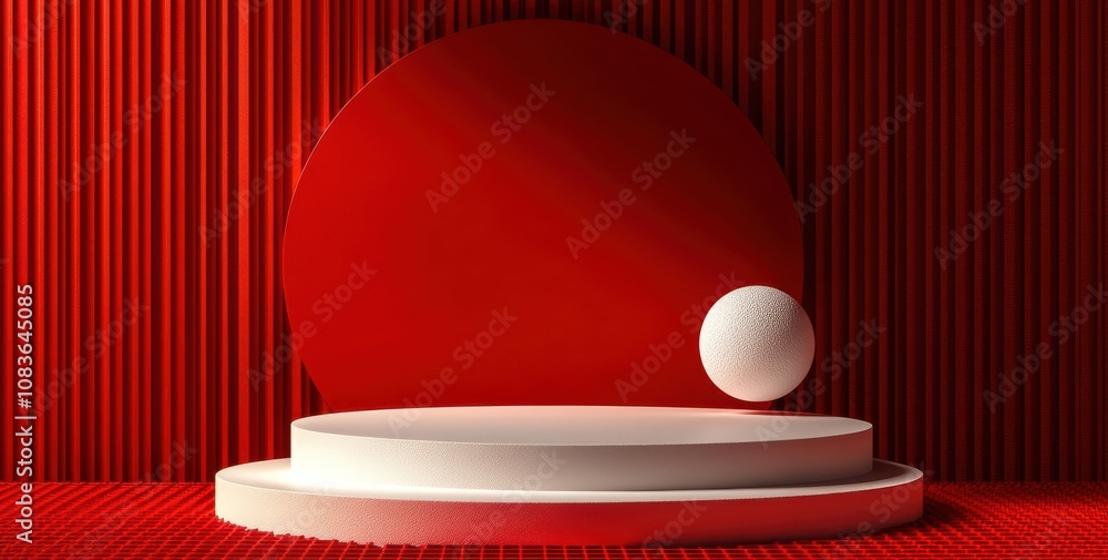 Aufkleber minimalistic 3d podium with concentric circular background and red spheres for product showcase