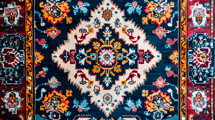 An Intricate View of a Colorful Turkish Carpet Featuring Enchanted Patterns and Natural Themes