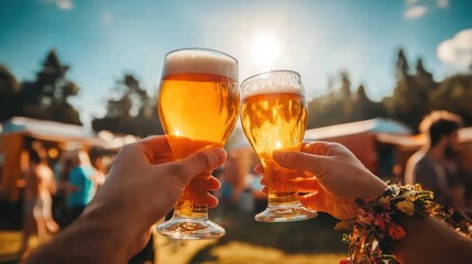 Outdoor craft beer festival people holding beer glasses enjoying the sun food trucks and tents visible in the distance festive summer atmosphere