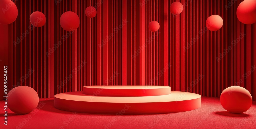 Poster minimalistic red 3d podium with geometric shapes and texture for product showcasing