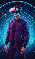 Virtual Reality Artwork, Skull in Neon Blue Cyberpunk VR Gear, Futuristic Gaming, Sci-Fi Aesthetics, Technology Concept, Digital Innovation