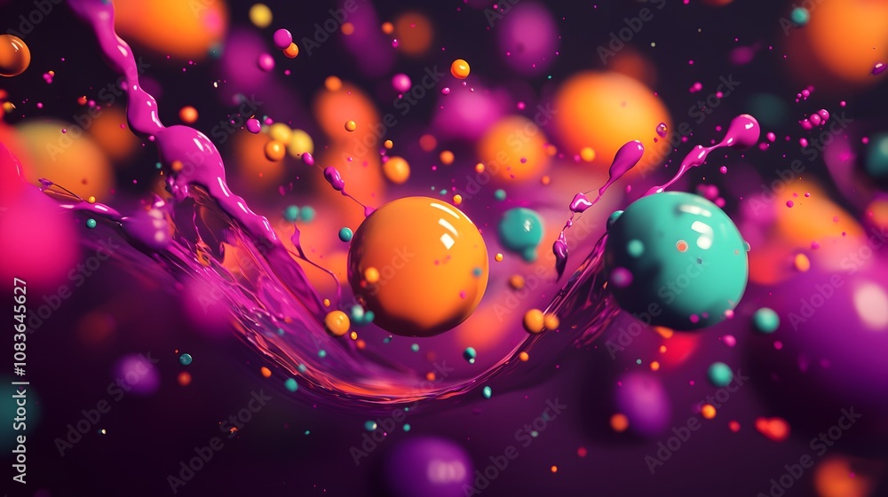 Poster colorful liquid splashes creating spheres abstract art digital creation vibrant background close-up 