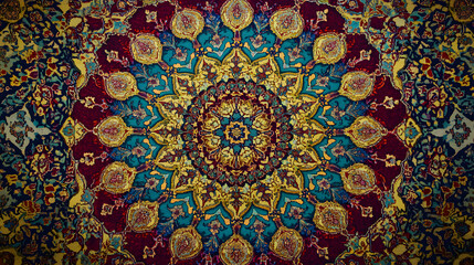 Fototapeta premium A Vibrantly Rich Close-Up of a Persian Carpet Featuring Intricate Patterns of Stars and Crescents in Turquoise, Crimson, and Golden Yellow, Showcasing Symmetry and Elegance from Above