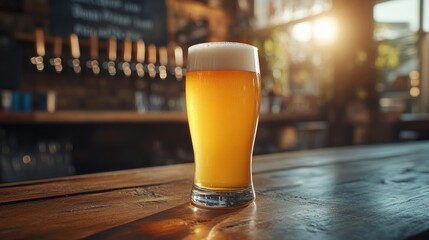 Tall glass of hazy craft beer placed on a bar counter sunlight shining through the golden liquid brewery background with taps and chalkboard menu