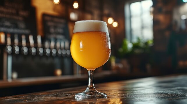 Tall glass of hazy craft beer placed on a bar counter sunlight shining through the golden liquid brewery background with taps and chalkboard menu
