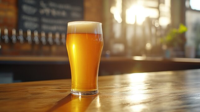Tall glass of hazy craft beer placed on a bar counter sunlight shining through the golden liquid brewery background with taps and chalkboard menu