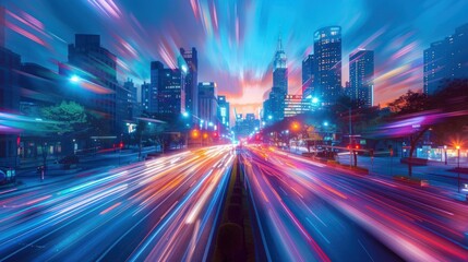 Obraz premium Long exposure of city skyline with traffic light trails at night.