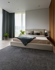 Minimalist bedroom with an empty wall and large windows. 3D Rendering grey, beige