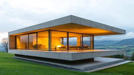 Fototapeta premium Modern Concrete House with Expansive Glass Windows overlooking a Rural Landscape