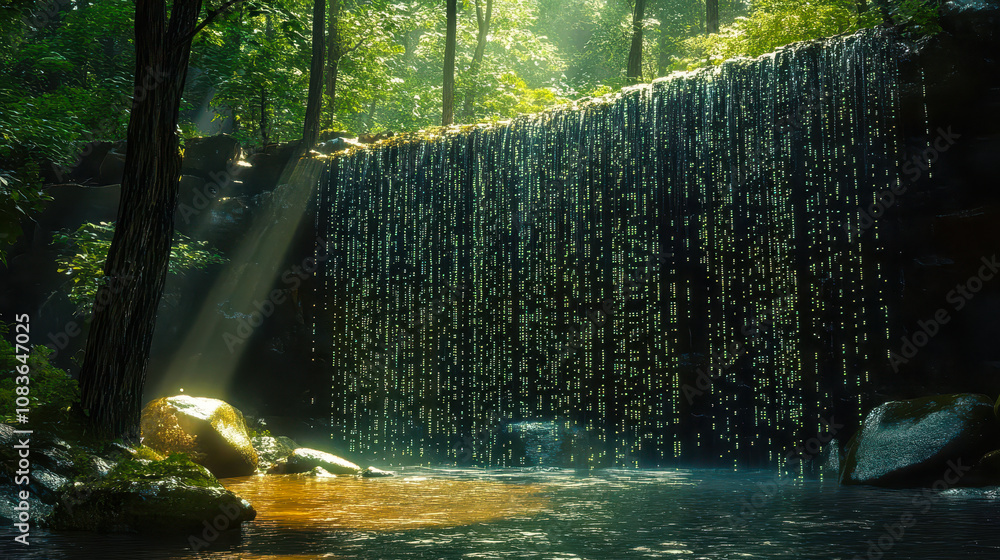 Poster digital matrix code waterfall in lush forest setting with sunlight