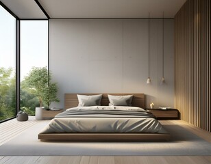 Minimalist bedroom with an empty wall and large windows. 3D Rendering grey, beige