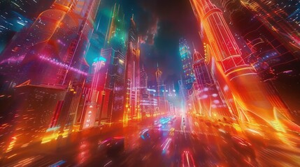 Fototapeta premium Futuristic city at night, vibrant neon lights, speeding cars.