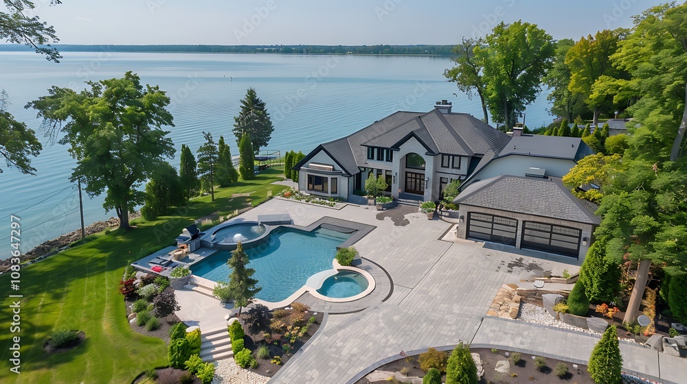 Canvas Prints Aerial view of a luxurious house with a pool by the lake, surrounded by greenery and outdoor living spaces.