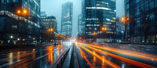 Obraz premium A bustling city street at dusk, with tall buildings and vehicles moving fast on the road.